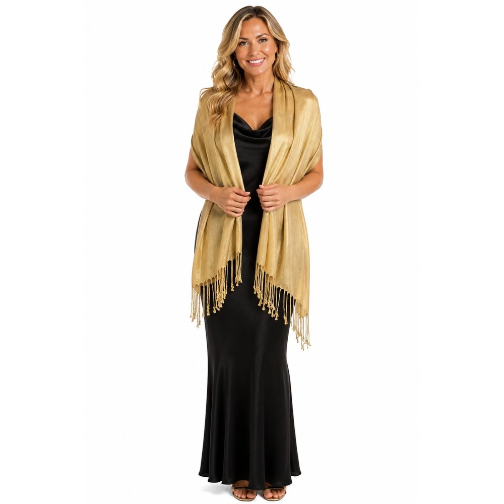 Scarf OS Gold Pashmina Shawl Fringed Tassel Metallic Evening Wear Wedding Guest